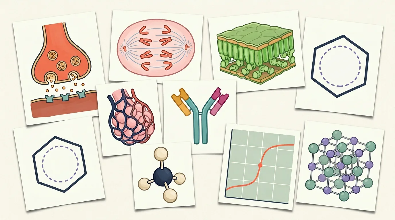 Illustrated NCERT flashcards sampler — synapse with neurotransmitter vesicles, mitotic anaphase, leaf cross-section with palisade and spongy mesophyll, benzene ring, alveolus cluster with capillaries, antibody binding antigens, methane tetrahedral geometry, titration curve, NaCl crystal lattice.
